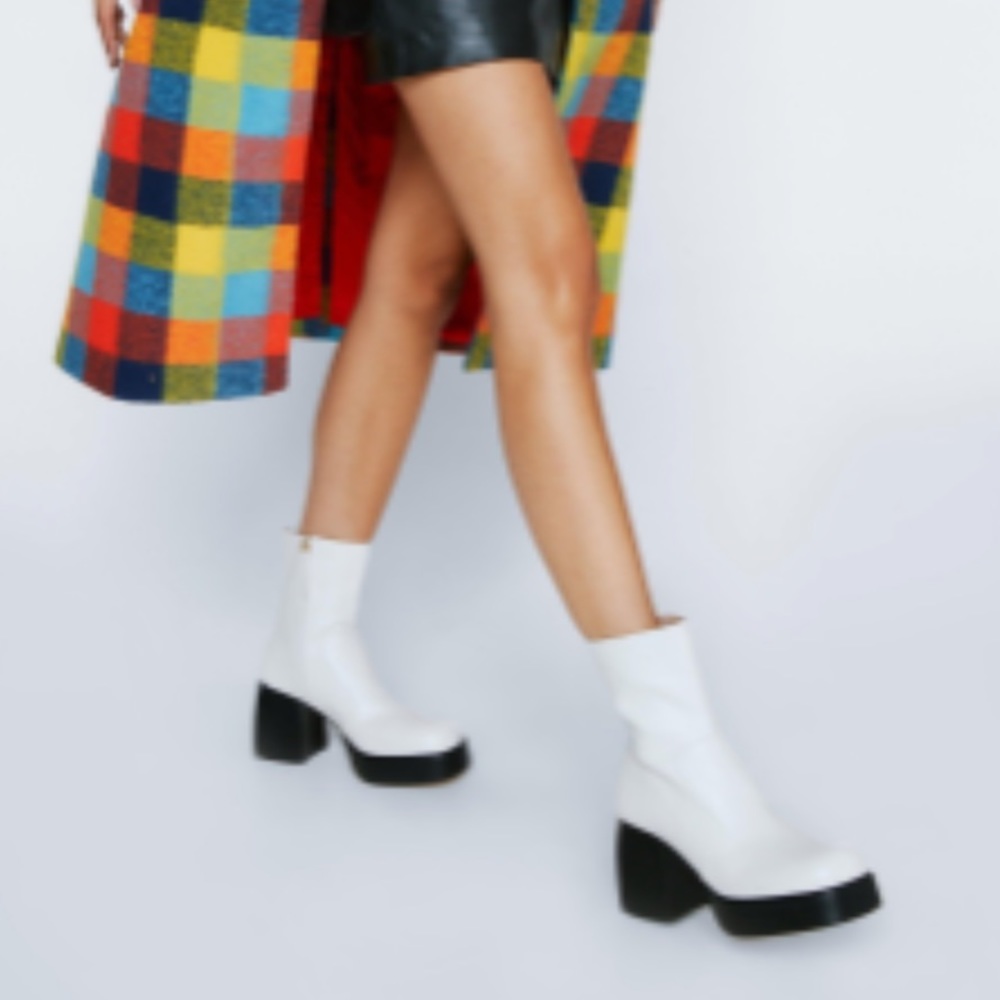White Faux Leather Platform Sock Boots